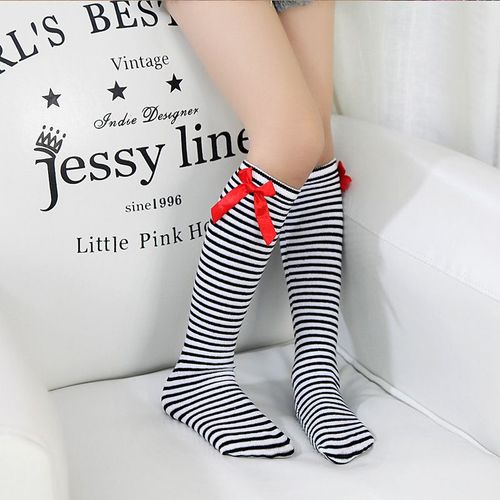 Chaussettes Hautes À Rayures En Coton Pour Filles, Chaussettes Longues À N¿Ud Blanc Et Noir Pour Enfants, Chauffe-Jambes, Chaussettes D'école Pour Petites Filles De 1 À 8 Ans
