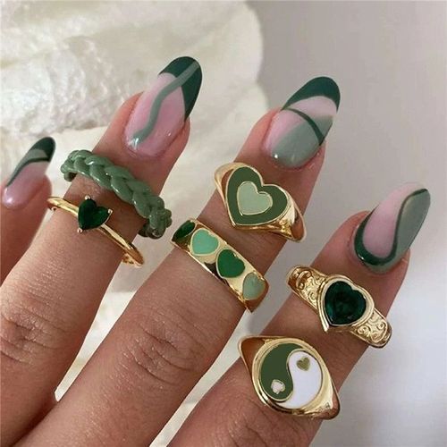 Ensemble De Bagues Vintage En Forme De C¿Ur Pour Femmes, Bijoux En Résine, Couleur Rose Et Verte, Fleur D'amour, Vente En Gros