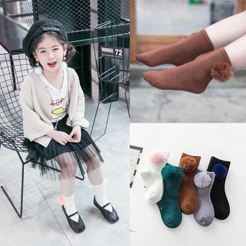 5 Paires De Chaussettes En Boule De Fourrure Pour Filles, Longues Chaussettes À Pompons Pour Enfants, Chaussettes Respirantes En Coton Doux