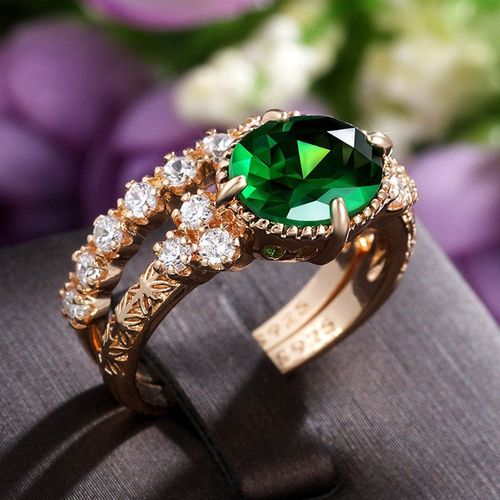 Bague En Argent Pour Femmes, Ensemble De 2 Pièces, Bague De Fiançailles, De Couleur Or, Ovale, Verte, Magnifique