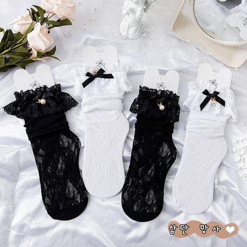 Bas Blancs Solides, Hauts Aux Genoux, En Maille Et Nylon Fin, Princesse Coréenne Lolita, Perles, N¿Ud En Dentelle, Chaussettes À Volants Pour Filles