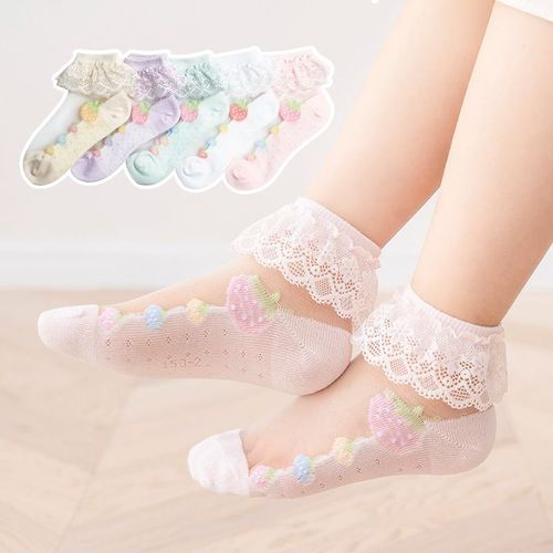 Chaussettes D'été En Coton Et Soie Pour Enfants, 5 Paires/Ensemble, Maille Fine, En Dentelle, À Volants, Couleur Unie, Blanches, Pour Filles, Nouvelle Collection 2022