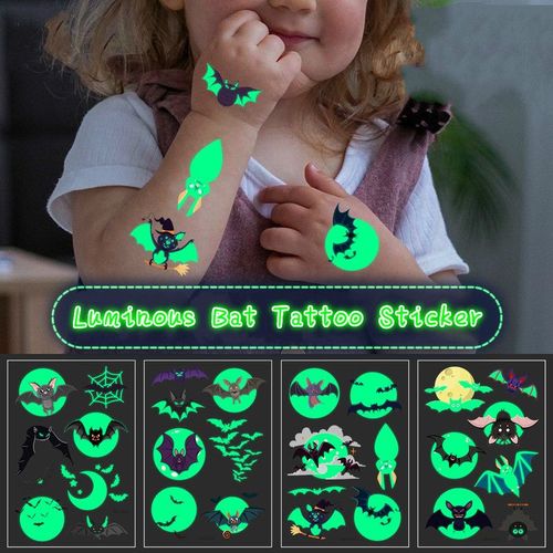 Autocollants De Tatouage, Faux Éclat Temporaire Pour Enfants, Jouets Fluorescents, Dessin Animé, Fête D'halloween, Chauve-Souris, Fantôme Lumineux, Peinture