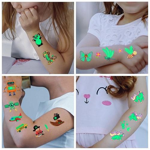 Autocollants De Tatouage Fluorescent Temporaire Pour Enfants, 2 Pièces, Lumineux, Lueur Imperméable, Dessin Animé, Sirène, Licorne, Dinosaure, Jouets De Peinture