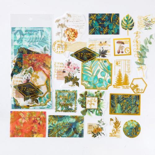 Autocollants Feuilles Vertes Doublées D'or, Autocollants De Décoration Pour Journal De Nuit D'été, Scrapbooking, 60 Pièces/Paquet