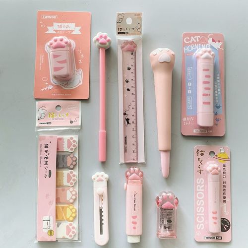 Ensemble De Papeterie Patte De Chat Rose Pour Enfants, 10 Pièces/Ensemble, Stylo À Gel, Bande Correctrice, Bloc-Notes, Effaceur, Couteau