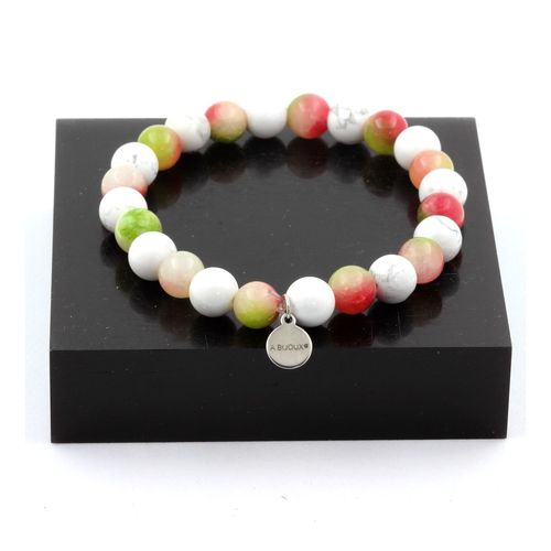 Bracelet Perles Tourmaline Melon D'eau + Howlite 8 Mm. Fabriqué En France.