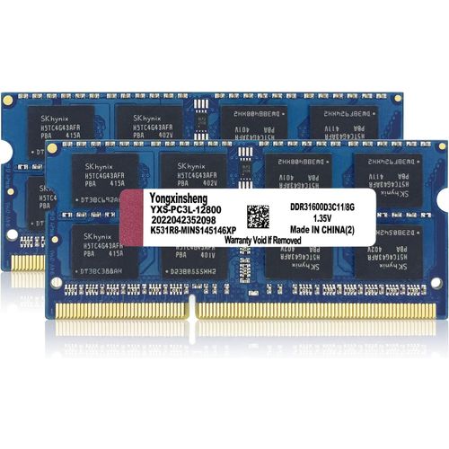 Ram DDR3 /DDR3L 16go (2x8go) 1600MHz PC3L-12800 / PC3-12800 Sodimm CL11 Non-ECC Unbuffered 1.35V / 1.5V 2Rx8 Double Rang 204 Pin Mémoire Ram Barette Kit pour Ordinateur Portable (Bleu)