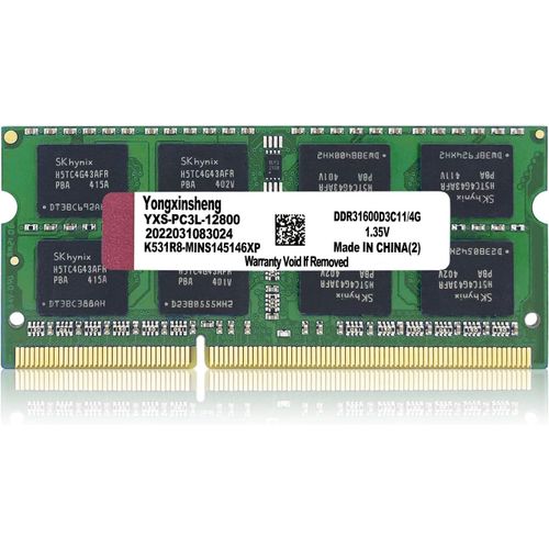 Ram DDR3 /DDR3L 4go 1600MHz PC3L-12800 / PC3-12800 Sodimm CL11 Non-ECC Unbuffered 1.35V / 1.5V 2Rx8 Double Rang 204 Pin Mémoire Ram Barette pour Ordinateur Portable (Vert)