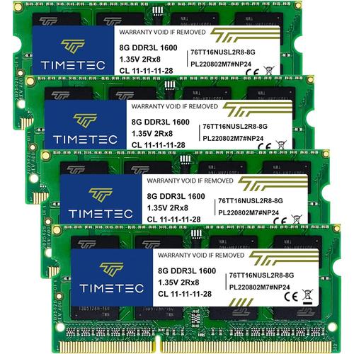 32GB KIT(4x8GB) DDR3L / DDR3 1600MHz (DDR3L-1600) PC3L-12800 / PC3-12800 Non-ECC Unbuffered 1.35V/1.5V CL11 2Rx8 Dual Rank 204 Pin SODIMM Laptop Notebook PC Computer Memory RAM Module Upgrade