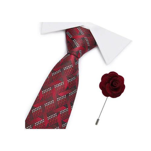 Cravate + Broche Florale Rouge-Bordeaux 100% Soie Jacquard