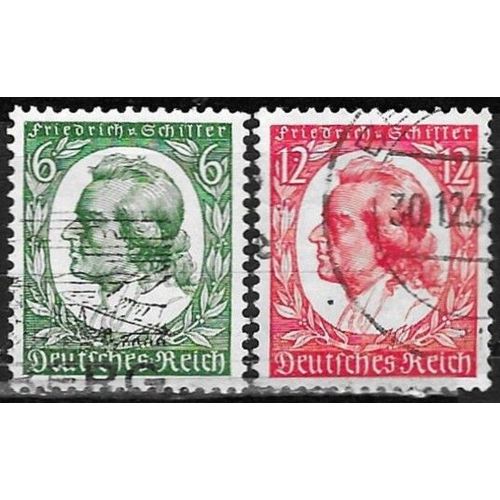 Allemagne, 3ème Reich 1934, Beaux Timbres Yvert 522 Et 523, 175ème Anniversaire De La Naissance De Schiller, Filigrane Croix Gammées, Oblitérés, Tbe.
