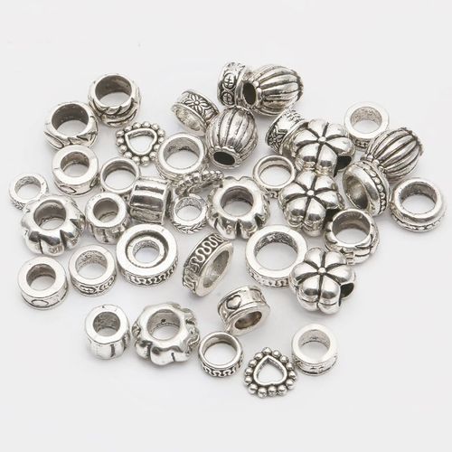 Perles En Métal Tibétain Antique, 35 Pièces, Mélange De Tailles, Couleur Argent, Grand Trou, Pour La Fabrication De Bijoux, Charme, Vente En Gros