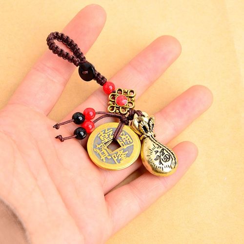 Porte Clé Porte Bonheur Feng Shui En Laiton Vintage, Corde Faite À La Main, Pendentif De Sac D'argent, Bijoux, Pièces De Monnaie Des Anciens Cinq Empereurs, Porte Clés De Voiture