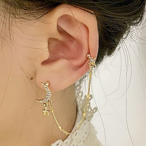 Boucle D'oreille En Strass, Une Pièce, Lune Étoile Papillon, Longue Chaîne, Cerceau, Pompon, Piercing, Bijoux Pour Femmes Et Filles, Cadeau