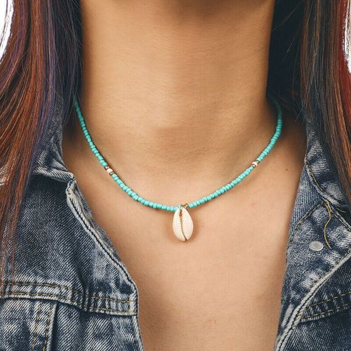Collier Vert Bohème Avec Pendentif En Coquillage Pour Femme, Bijoux De Plage, Ras Du Cou Avec Perles Naturelles