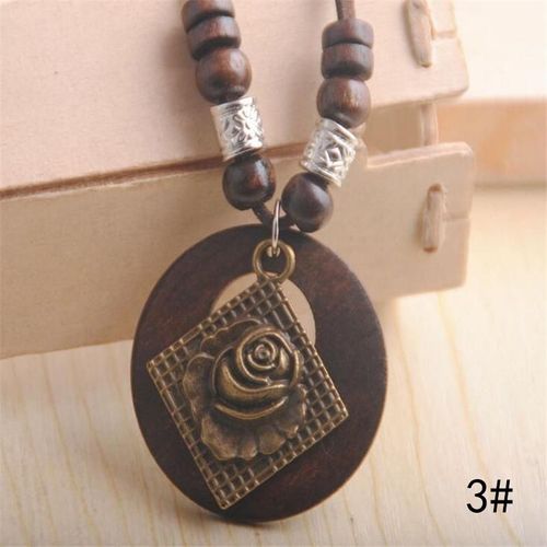 Colliers Ethniques Vintage Pour Femmes Et Hommes, Pendentif En Forme De Rose Avec Feuilles En Bois, Bijoux À La Mode, Chaîne En Corde, Pull À Capuche, Esthétique