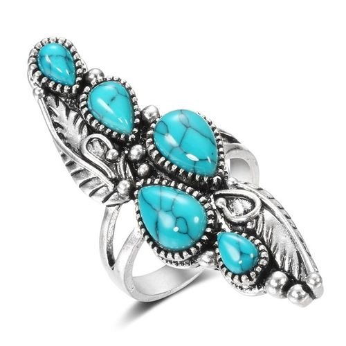 Bague Tibétaine En Pierre Verte, Vintage, Bohème, Opale En Métal, Réglable, Fête Pour Femmes, Turquoise, Fleur Sculptée