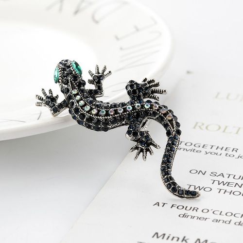 Broche Gecko Mystérieuse En Diamant Noir Pour Femmes, Collier De Pull, Broches De Sécurité, À La Mode, Bijoux De Fête De Mariage