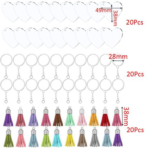 Ensemble De Porte Clés En Acrylique, Disques Transparents En Forme De C¿Ur, Kits De Pendentifs En Cuir Vierge Pour La Fabrication De Bijoux À Faire Soi Même, 60 Pièces/Lot