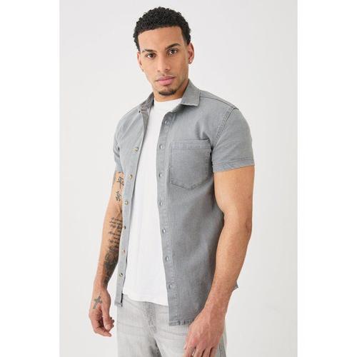 Chemise En Jean Moulante À Manches Courtes Homme - Gris - M, Gris