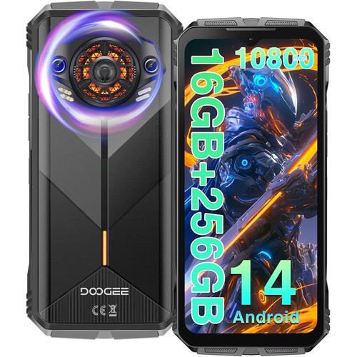 DOOGEE S Punk Téléphone Portable Incassable Android 14, 16 Go RAM + 256 Go ROM/TF 1TB, 10800 mAh 33 W, 126dB Haut-Parleur, 50MP+16MP, 6,58" FHD+90Hz Smartphone Incassable, Lumière LED/NFC/OTG/IP68/IP69K - Noir