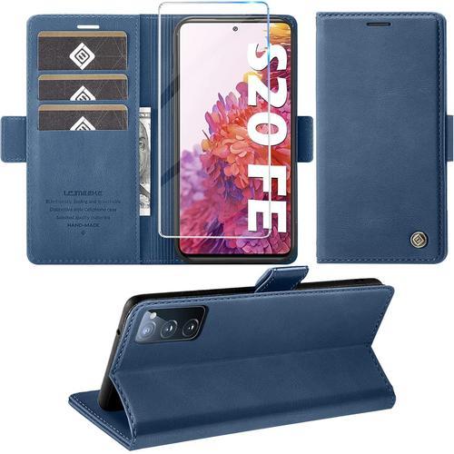 Étui De Protection Pour Samsung Galaxy S20 Fe Avec Film De Protection En Verre Blindé Fonction Support Pour Cartes En Cuir De Qualité Supérieure S20 Fe 4g 5g Étui À Rabat Résistant Aux Chocs Bleu