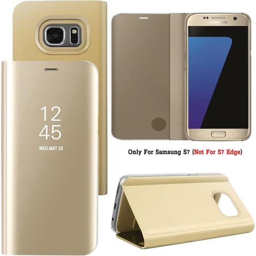 Effet Miroir Housse En Cuir Pu Pour Samsung Galaxy S7, Haute Qualité Clear View Smartphone Flip Cover Et Fonction Stent Étui Pour Téléphone (Or)