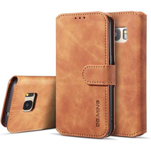 Coque Pour Samsung Galaxy S7 Etui En Cuir Pu Portefeuille Rétro Antichoc Flip Case Housse Avec Fentes De Cartes Fonction Support Fermeture Magnétique Brun