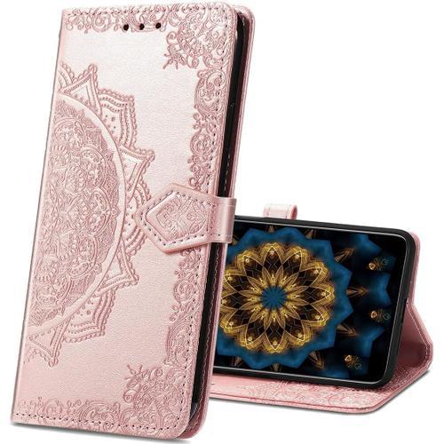 Coque Compatible Avec Samsung Galaxy A8 2018, Étui À Rabat En Cuir Pu, Fermeture Magnétique, Fonction Support, Étui Portefeuille En Cuir Pu Pour Samsung Galaxy A8 2018. Sd Mandala Rose