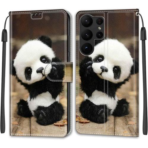 Cuir Pu Folio Etui Pour Samsung Galaxy S23 Ultra Coque Flip Housse Etui A Rabat Protection Résistant Aux Chocs Couverture Motif Bébé Panda Avec Porte Carte Back Cover Pour Samsung Galaxy S23 Ultra