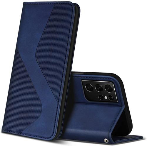 Coque Pour Samsung Galaxy S21 Ultra 5g, Premium Étui Housse En Cuir De Protection Avec [Emplacements Cartes][Magnetique], Clapet Folio Portefeuille Pour Samsung Galaxy S21 Ultra 5g (Bleu)