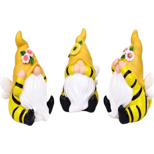 Abeilles Gnomes - Lot De 3 Statues De Gnome Ornement De Bourdon Avec Chapeaux De Fleurs,Décorations De Nains De Jardin De Printemps Pour L'extérieur, Cadeaux De Décorations Pour La Journée