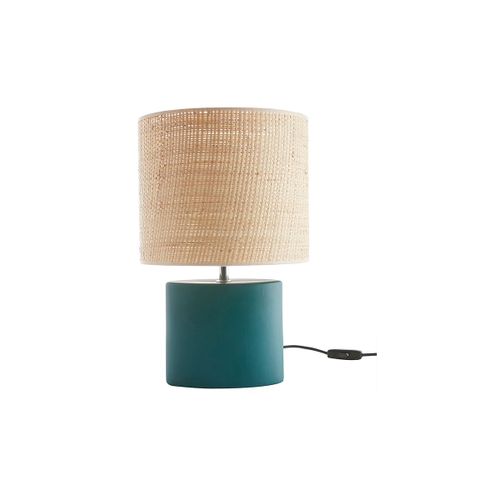 Lampe À Poser En Céramique Bleu Pétrole Mat Et Abat-Jour En Raphia Naturel H40 Cm Tiga