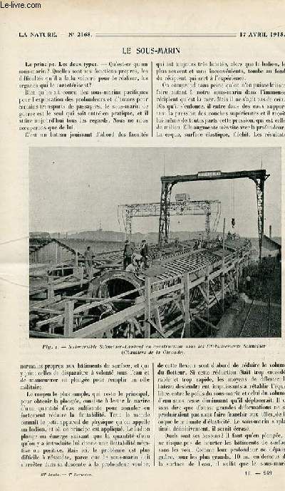 La Nature N° 2168 - Les Sous-Marins Par Blanchon, Un Nouvel Obus Contre Les Dirigeables Par, Appareils Photographiques Des Zeppelins Et Des Aviatiks Par Perrotin, La Nouvelle Académie D Agriculture De(...)