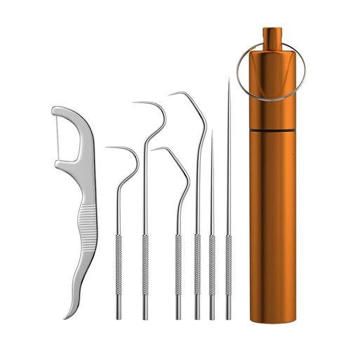 Ensemble De Cure-Dents En Métal 7 En 1,Fil Dentaire En Acier Inoxydable,Porte-Clés Portable Avec Fils Dentaires,Cure-Dents Pour Adultes - Type Orange 