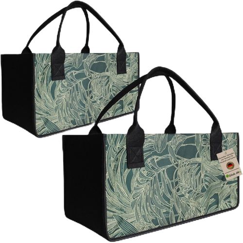 Lot de 2 sacs en feutre - Sac à provisions - Panier à bûches de cheminée - Porte-revues - Panier à journaux (fleur - Vert)