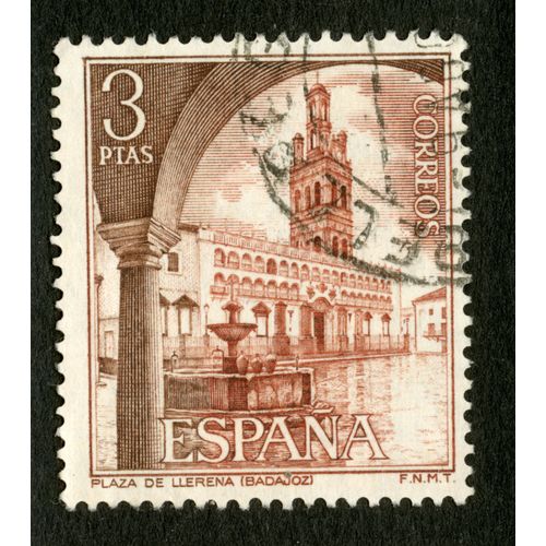 Timbre Oblitéré Espana, Plaza De Llerena, Bajadoz, Correos, 3 Ptas
