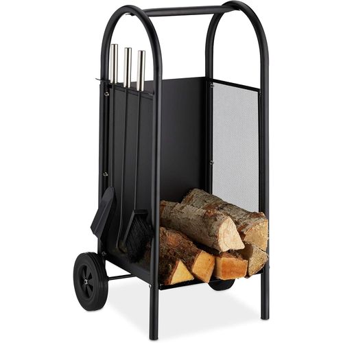 Chariot à bois Serviteur, Charrette bûches Acier, outils de cheminée, pelle,balai,tisonnier,noir, plastique, caoutchouc, 81 x 42 x 37 cm