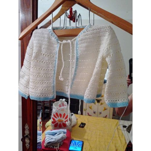 Boléro Blanc /Bleu 3/6 Mois Tricoté Main Vintage Années 90.