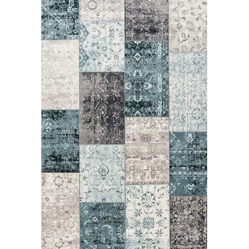 Tapis A Carreaux En Laine, Tapis De Design Vintage Patchwork, Tapis Salon Chambre Salle A Manger Entree, Gris Foncé & Bleu, 80 X 150 Cm