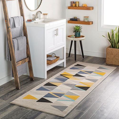 Marietta Tapis Géométrique Scandinave - Tapis De Couloir, Salon, Salle À Manger, Chambre, Cuisine - Tapis Design Boheme Chic, Berbere Moderne, Tapis Poil Court 80x220cm- Beige, Bleu, Taupe, Noir