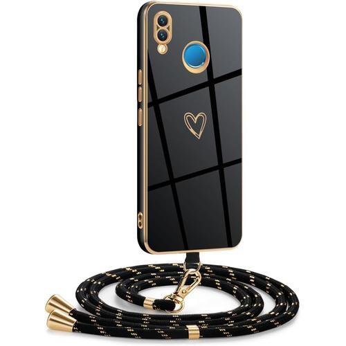 Coque Pour Huawei P20 Lite Avec Cordon,Coque Avec Collier Motif Coeur D'amour Silicone Galvanisé Housse,Réglable Amovible De Cordon Case Pour Huawei P20 Lite,Or Noir