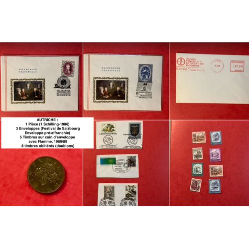 Autriche : 1 Pièce (1 Schilling-1986) - 3 Enveloppes (Festival De Salzbourg-Enveloppe Pré-Affranchie) /5 Timbres Sur Coin D¿Enveloppe Avec Flamme, 1969/89 & 8 Timbres Oblitérés (Doublons)