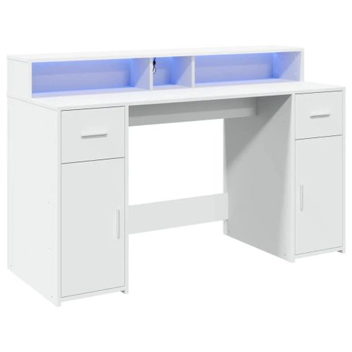 Bureau Table Poste De Travail Meuble D'ordinateur Informatique Étude Avec Lumières Led 140 X 55 X 91 Cm Bois D'ingénierie Blanc Helloshop26 02_0023406