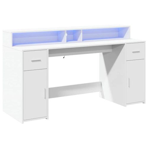 Bureau Table Poste De Travail Meuble D'ordinateur Informatique Étude Avec Lumières Led 160 X 55 X 91 Cm Bois D'ingénierie Blanc Helloshop26 02_0023408