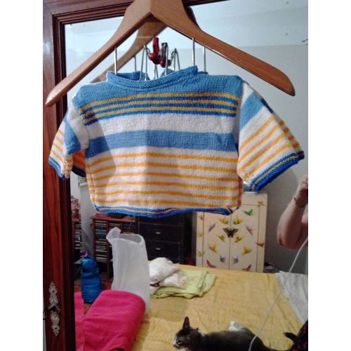 Pull Coloré 3/6 Mois Vintage Années 90 Tricoté Main.