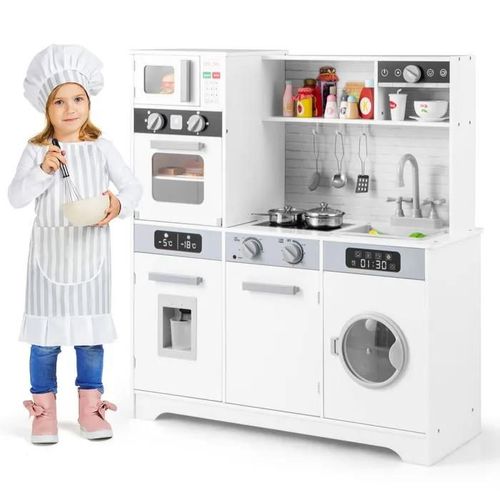 Costway Cuisine Enfants De 3 Ans+ Avec 7 Accessoires, Distributeur D¿Eau, Micro-Ondes, Four, Machine À Laver, Sons Et Lumières