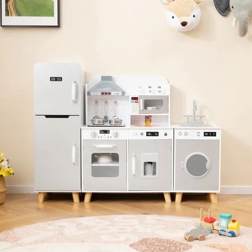 Costway 3 En 1 Cuisine Enfants Avec 9 Accessoires - Grand Réfrigérateur, Machine À Laver, Machine À Glaçons, Avec Sons Et Lumières