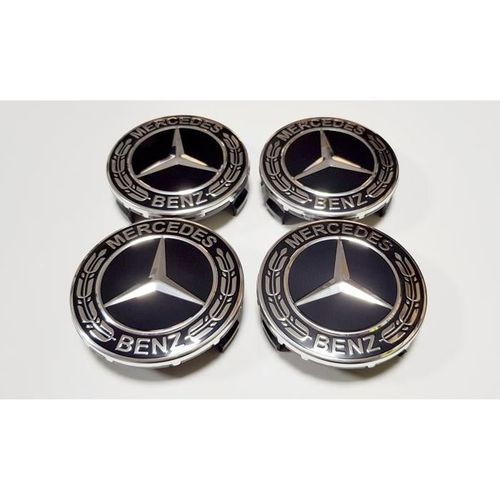 4x Logo Jante Mercedes Benz Noir Argent 75mm Cache Moyeu Centre De Roue Emblème